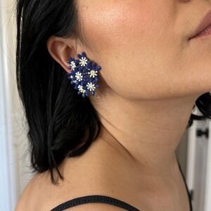 Vtg 60s Blue White Plastic Flower Clip On Earrings with Rhinestones retro boho
